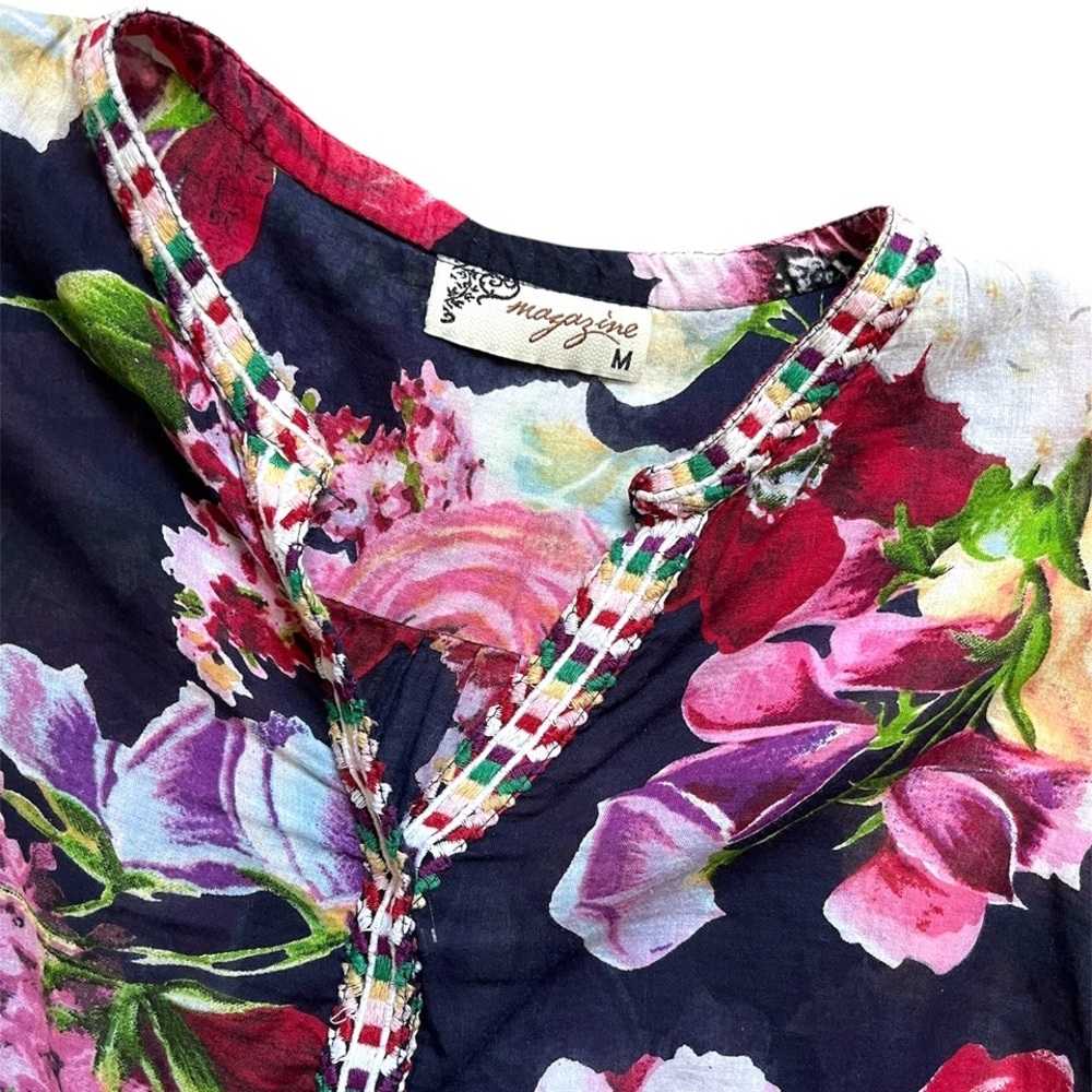 Magazine Navy Multicolored Floral Long Sleeve Semi Sheer Trim Top Blouse Size M - Picture 2 of 5